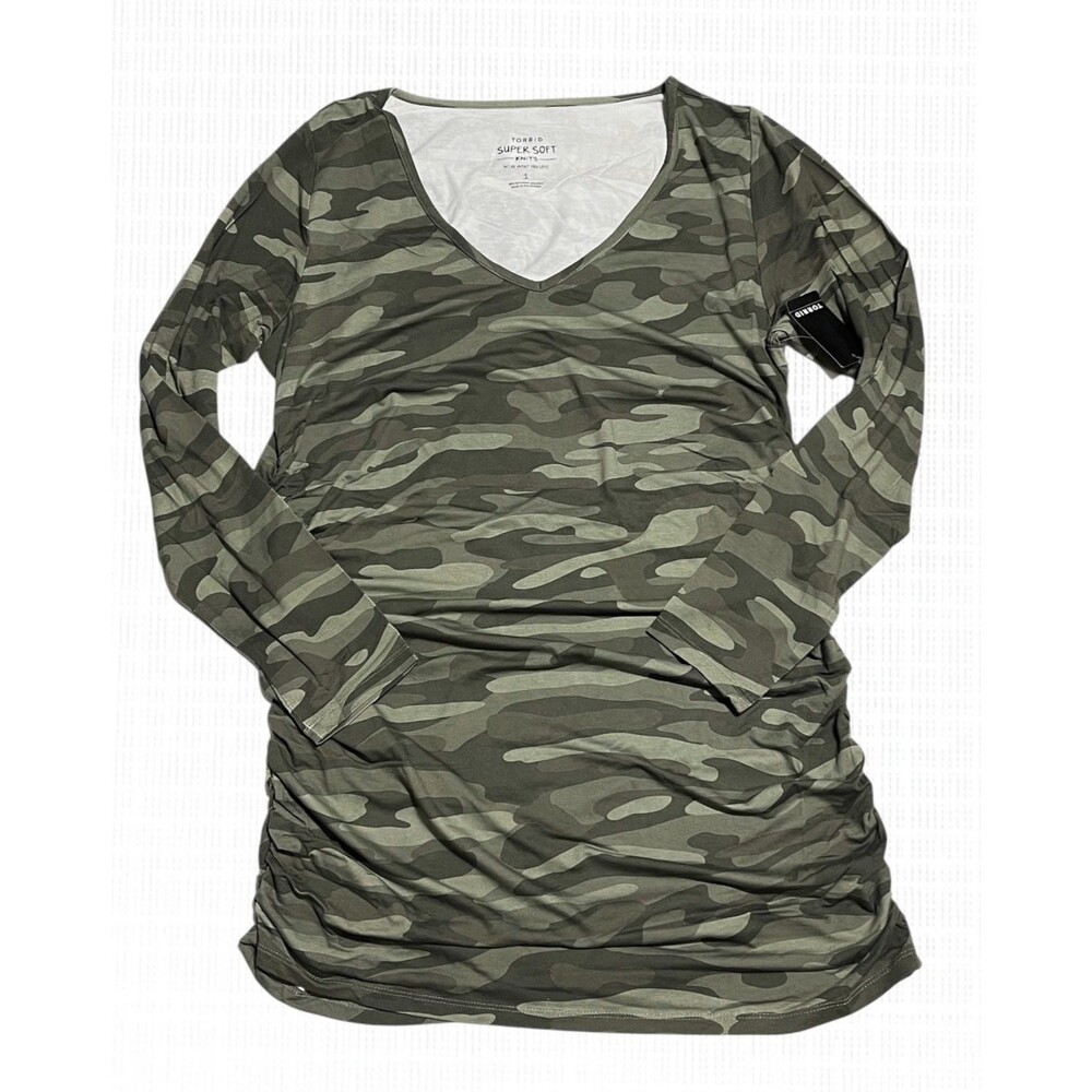 Torrid Maternity Top 1X Super Soft Knit Tee Tunic Green Camo Plus Size NEW